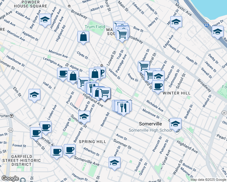 map of restaurants, bars, coffee shops, grocery stores, and more near 7 Woodbine Street in Somerville