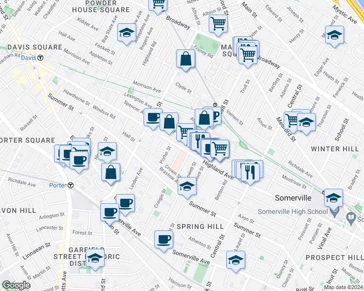 map of restaurants, bars, coffee shops, grocery stores, and more near 121 Hudson Street in Somerville
