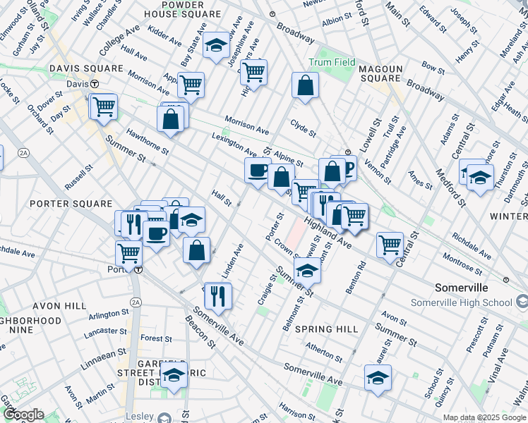 map of restaurants, bars, coffee shops, grocery stores, and more near 9 Eastman Road in Somerville
