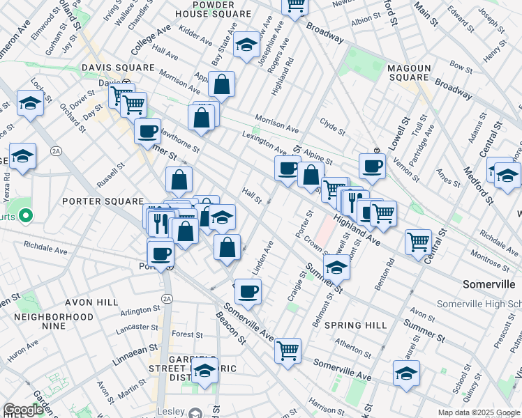 map of restaurants, bars, coffee shops, grocery stores, and more near 11 Hall Street in Somerville