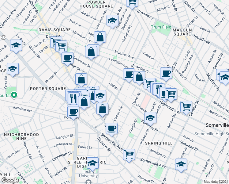 map of restaurants, bars, coffee shops, grocery stores, and more near 11 Hall Street in Somerville