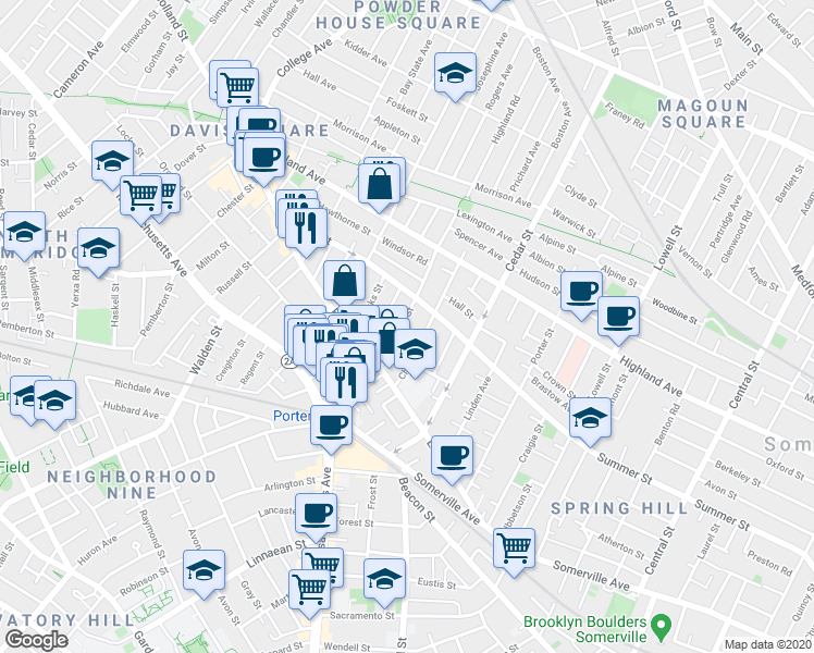 map of restaurants, bars, coffee shops, grocery stores, and more near 41 Burnside Avenue in Somerville