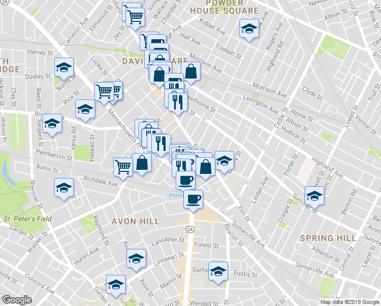 map of restaurants, bars, coffee shops, grocery stores, and more near 25 Beech Street in Cambridge