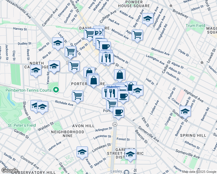 map of restaurants, bars, coffee shops, grocery stores, and more near 25 Beech Street in Cambridge