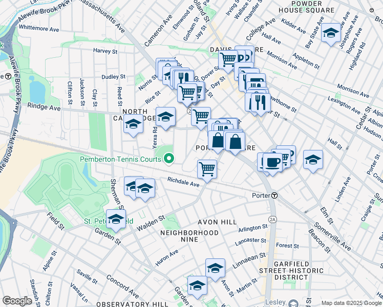 map of restaurants, bars, coffee shops, grocery stores, and more near 35 Pemberton Street in Cambridge