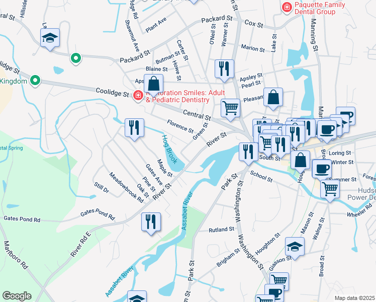 map of restaurants, bars, coffee shops, grocery stores, and more near 32 Green Street in Hudson