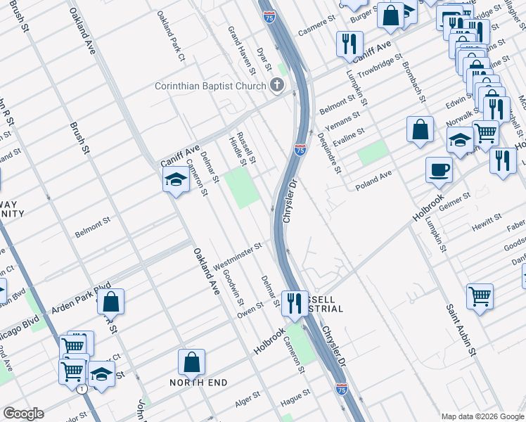 map of restaurants, bars, coffee shops, grocery stores, and more near 9624 Cardoni Street in Detroit