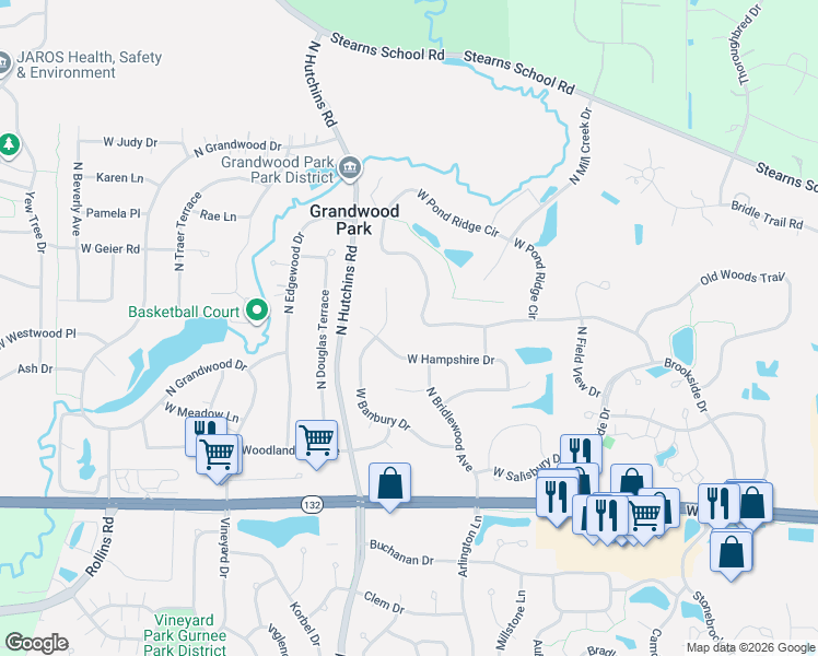 map of restaurants, bars, coffee shops, grocery stores, and more near 18208 West Banbury Drive in Gurnee