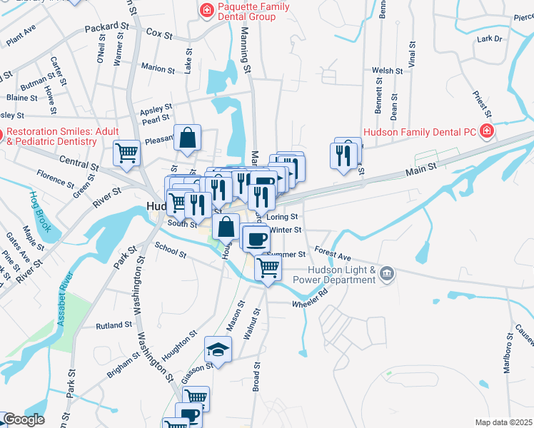 map of restaurants, bars, coffee shops, grocery stores, and more near 199 Main Street in Hudson