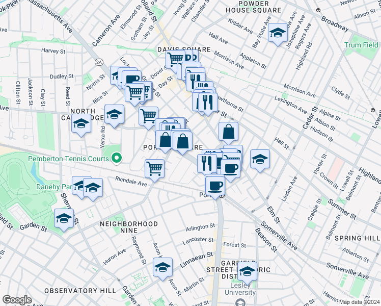 map of restaurants, bars, coffee shops, grocery stores, and more near 2029 Massachusetts Avenue in Cambridge