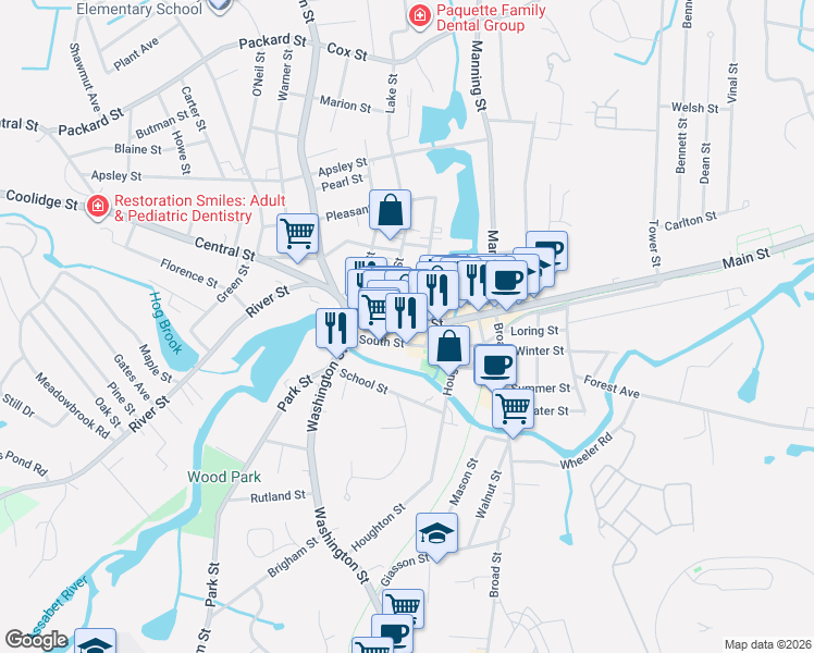 map of restaurants, bars, coffee shops, grocery stores, and more near 75 Main Street in Hudson