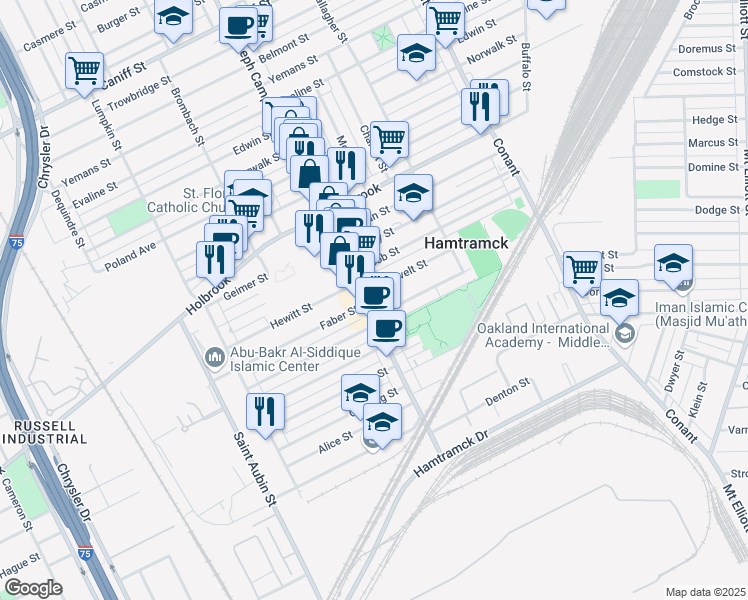 map of restaurants, bars, coffee shops, grocery stores, and more near 2939 Roosevelt Street in Hamtramck