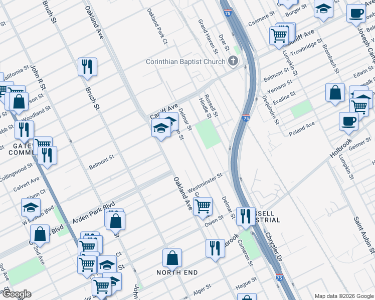 map of restaurants, bars, coffee shops, grocery stores, and more near 9711 Cameron Street in Detroit