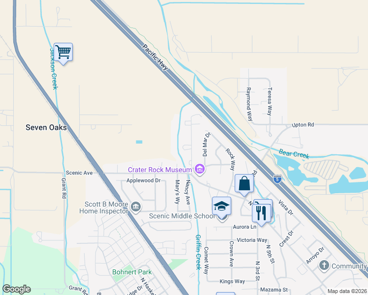 map of restaurants, bars, coffee shops, grocery stores, and more near 5145 Dobrot Way in Central Point