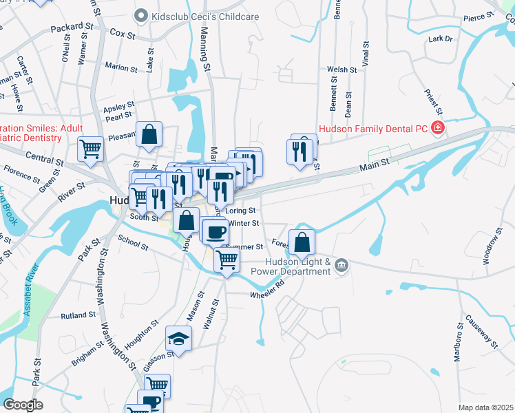 map of restaurants, bars, coffee shops, grocery stores, and more near 17 Loring Court in Hudson