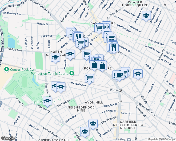 map of restaurants, bars, coffee shops, grocery stores, and more near 35 Pemberton Street in Cambridge