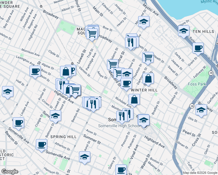 map of restaurants, bars, coffee shops, grocery stores, and more near 122 Central Street in Somerville