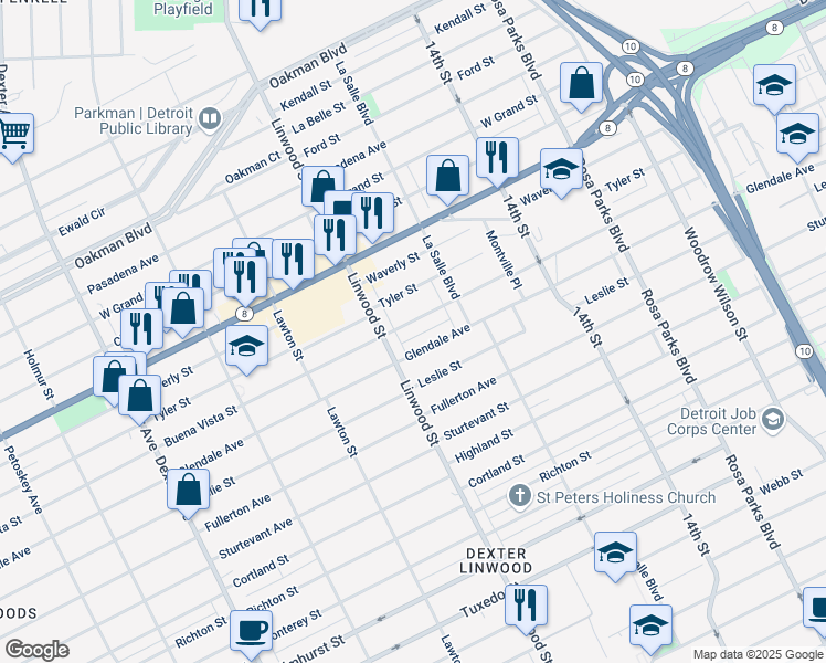 map of restaurants, bars, coffee shops, grocery stores, and more near 2488 Buena Vista Street in Detroit