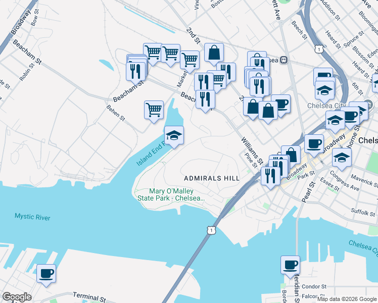 map of restaurants, bars, coffee shops, grocery stores, and more near 300 Commandants Way in Chelsea