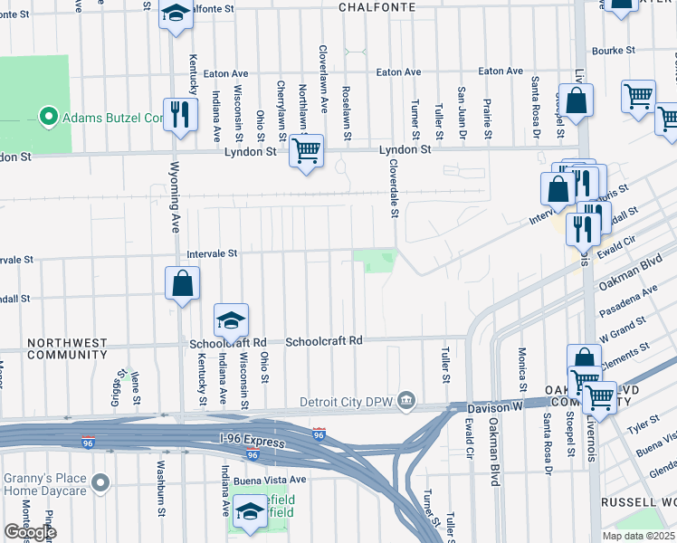 map of restaurants, bars, coffee shops, grocery stores, and more near 8203 Intervale Street in Detroit
