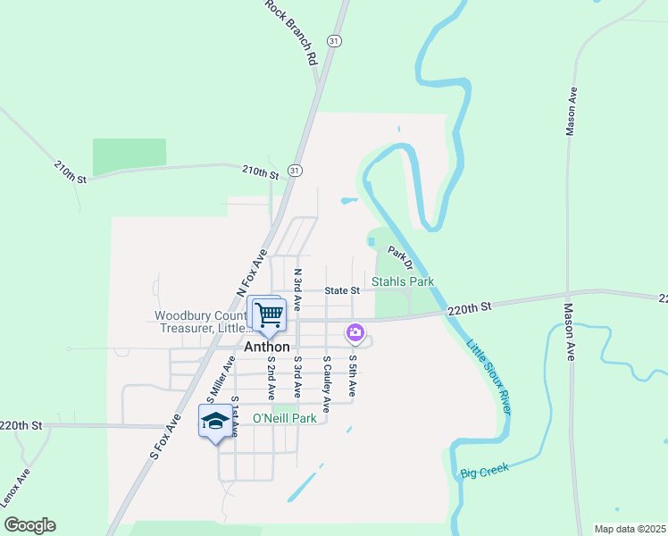 map of restaurants, bars, coffee shops, grocery stores, and more near 312 North Cauley Avenue in Anthon
