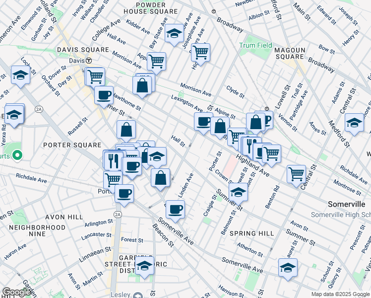 map of restaurants, bars, coffee shops, grocery stores, and more near 11 Hall Street in Somerville
