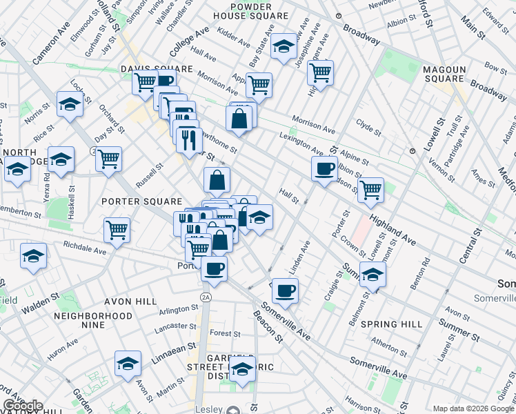 map of restaurants, bars, coffee shops, grocery stores, and more near 41 Burnside Avenue in Somerville