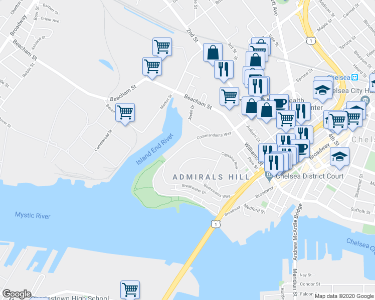 map of restaurants, bars, coffee shops, grocery stores, and more near 200 Arlington Street in Chelsea