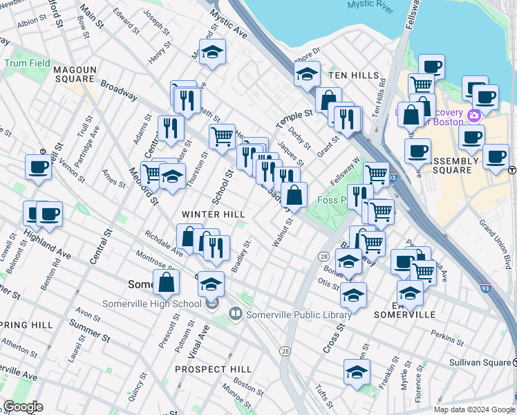 map of restaurants, bars, coffee shops, grocery stores, and more near 300 Broadway in Somerville