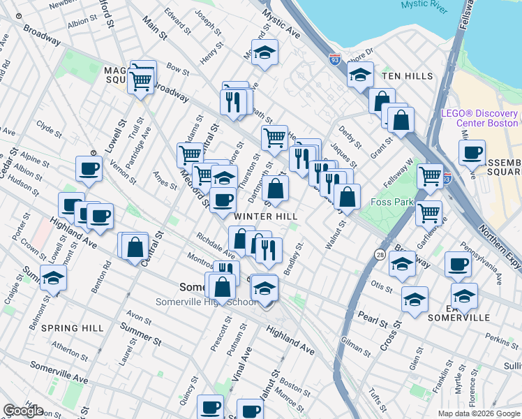 map of restaurants, bars, coffee shops, grocery stores, and more near in Somerville