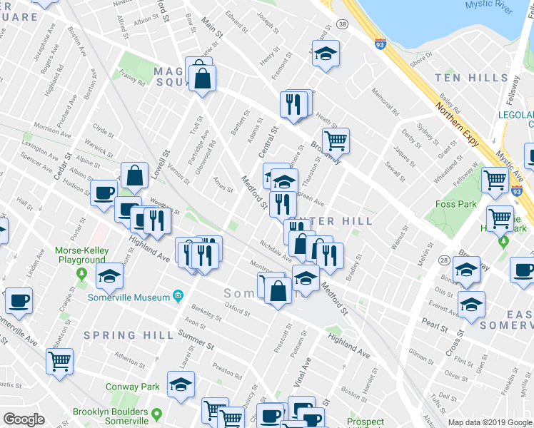 map of restaurants, bars, coffee shops, grocery stores, and more near 418 Medford Street in Somerville
