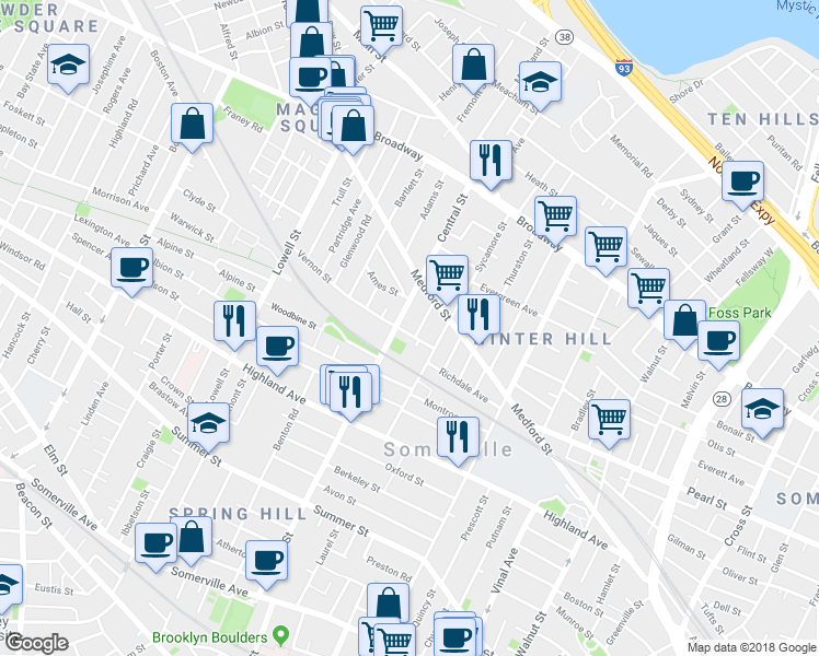 map of restaurants, bars, coffee shops, grocery stores, and more near 122 Central Street in Somerville