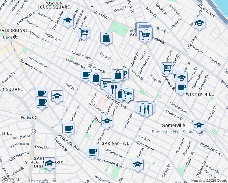 map of restaurants, bars, coffee shops, grocery stores, and more near 98 Albion Street in Somerville