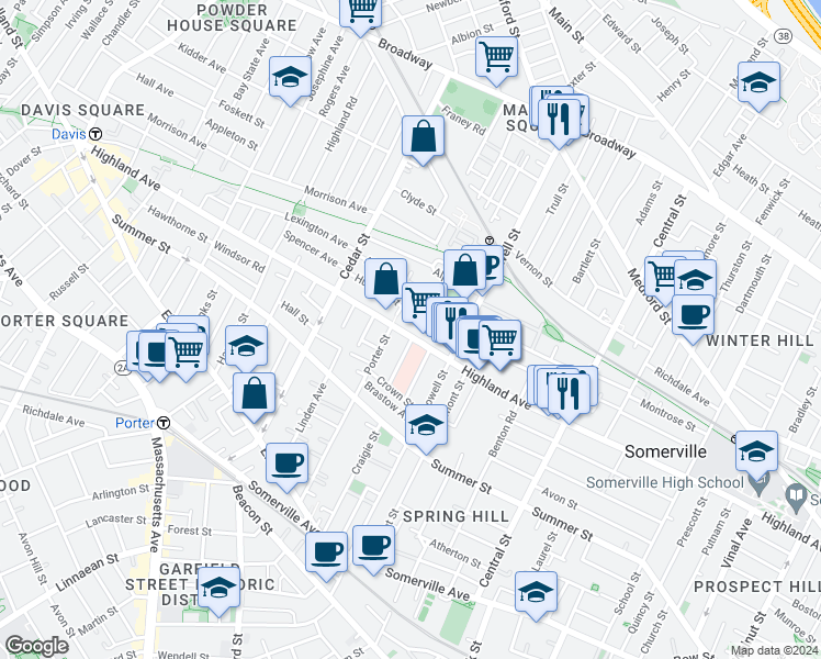 map of restaurants, bars, coffee shops, grocery stores, and more near 121 Hudson Street in Somerville