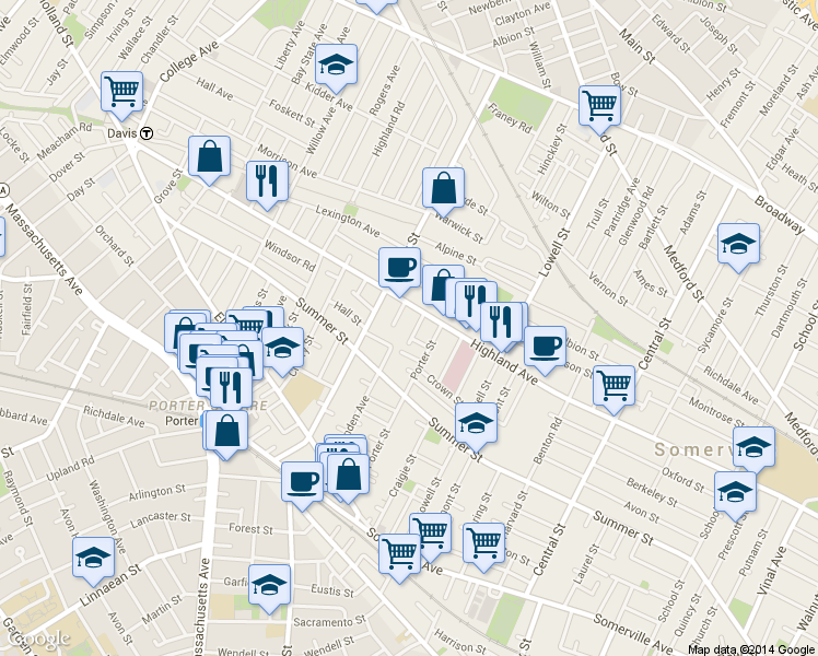 map of restaurants, bars, coffee shops, grocery stores, and more near 9 Eastman Road in Somerville