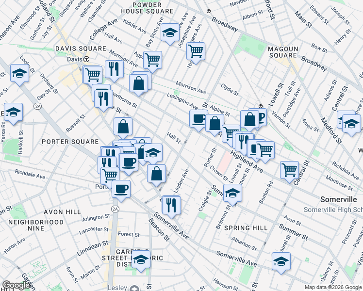 map of restaurants, bars, coffee shops, grocery stores, and more near 11 Hall Street in Somerville