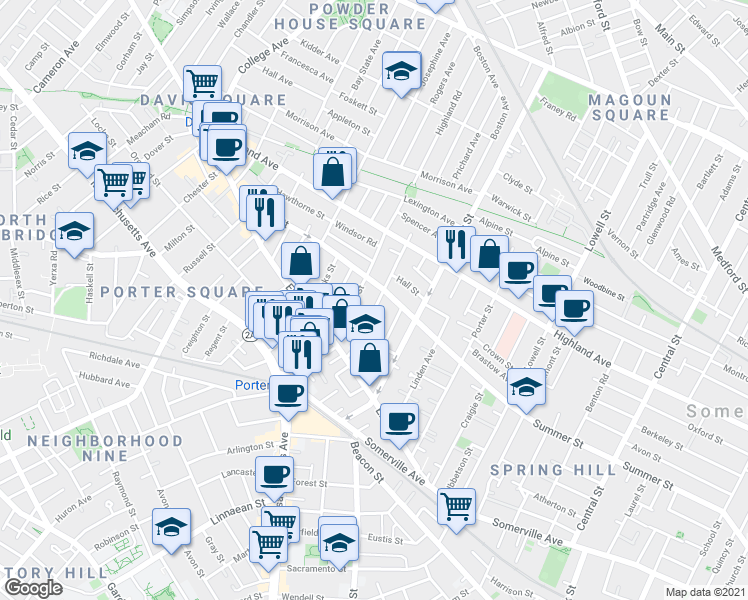 map of restaurants, bars, coffee shops, grocery stores, and more near 283 Summer Street in Somerville
