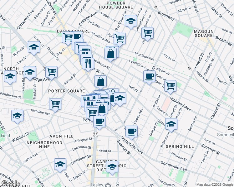 map of restaurants, bars, coffee shops, grocery stores, and more near 41 Burnside Avenue in Somerville