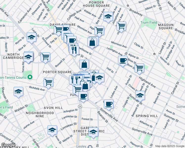 map of restaurants, bars, coffee shops, grocery stores, and more near 41 Burnside Avenue in Somerville