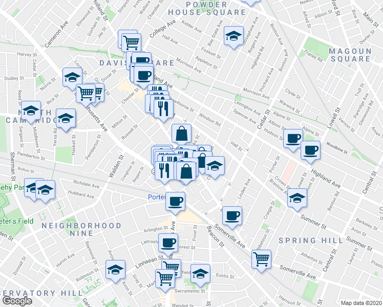 map of restaurants, bars, coffee shops, grocery stores, and more near 16 Banks Street in Somerville