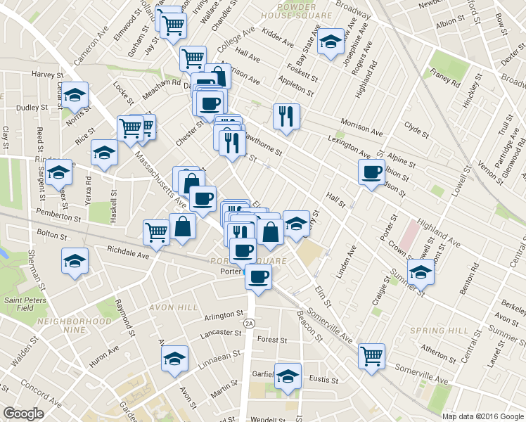 map of restaurants, bars, coffee shops, grocery stores, and more near 16 Banks Street in Somerville