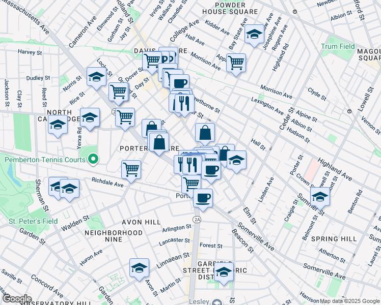 map of restaurants, bars, coffee shops, grocery stores, and more near 25 Beech Street in Cambridge