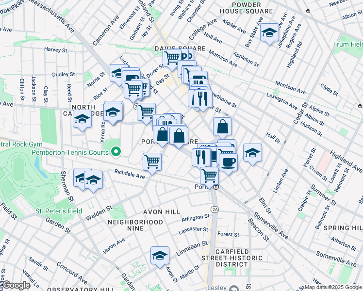 map of restaurants, bars, coffee shops, grocery stores, and more near 2055 Massachusetts Avenue in Cambridge