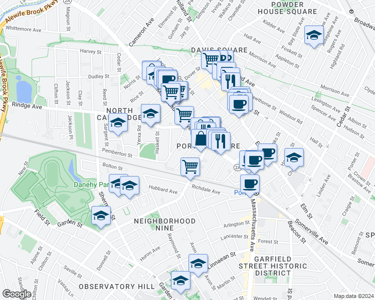 map of restaurants, bars, coffee shops, grocery stores, and more near 35 Pemberton Street in Cambridge