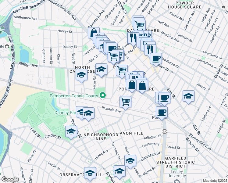 map of restaurants, bars, coffee shops, grocery stores, and more near 34 Fairfield Street in Cambridge
