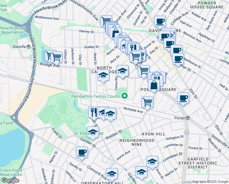 map of restaurants, bars, coffee shops, grocery stores, and more near 6 Van Norden Street in Cambridge