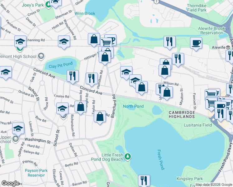 map of restaurants, bars, coffee shops, grocery stores, and more near 17-19 Griswold Street in Cambridge