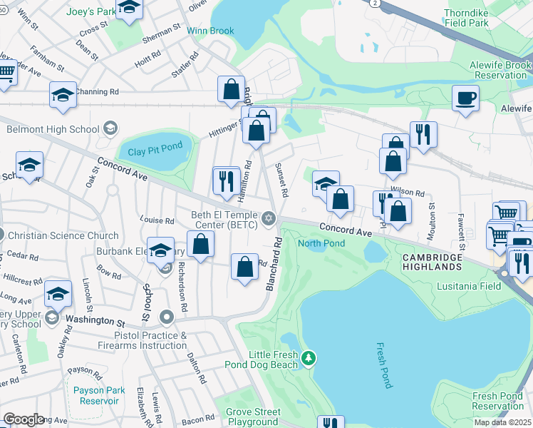 map of restaurants, bars, coffee shops, grocery stores, and more near 25 Concord Avenue in Belmont