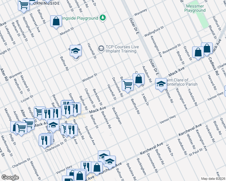 map of restaurants, bars, coffee shops, grocery stores, and more near 3603 Haverhill Street in Detroit