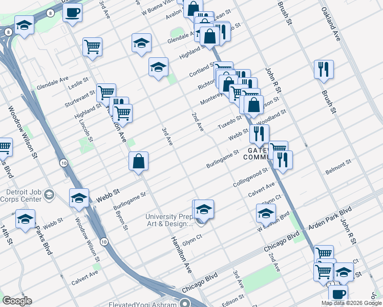 map of restaurants, bars, coffee shops, grocery stores, and more near 151 Tuxedo Street in Highland Park